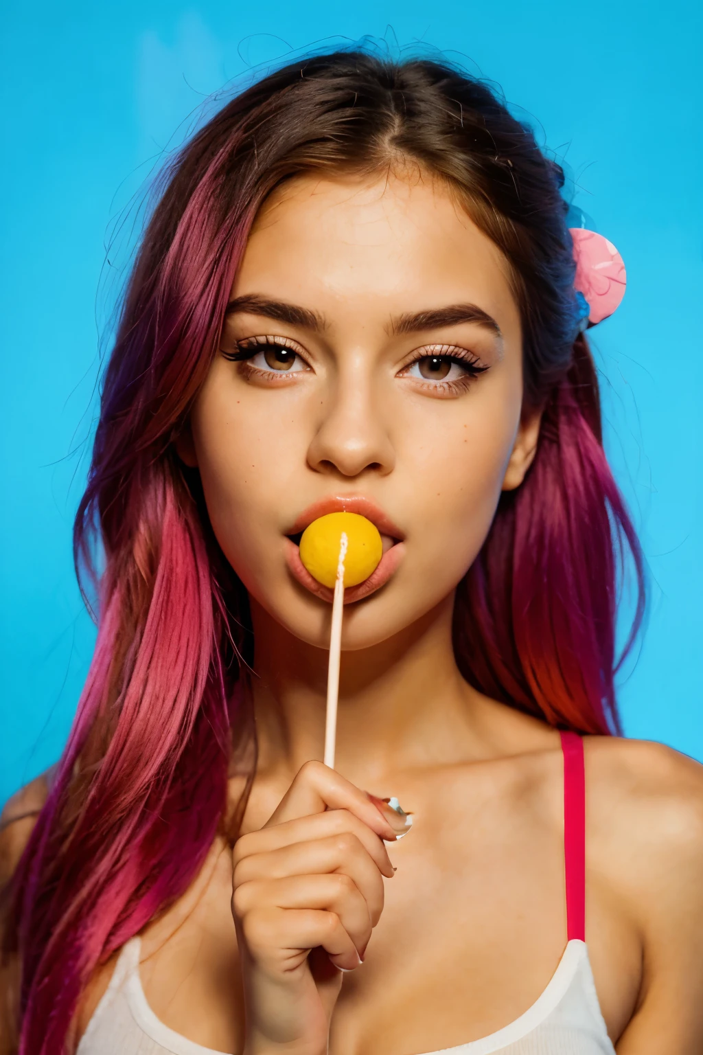 (masterpiece, best quality:1.2), 1girl, solo, high quality raw photograph of a young girl, licking a red lollipop, lollipop on hand, colorful hair, vibrant neon colors, silhouette, illustration, looking at viewer, lofi,UHD, accurate, textured skin, super detail, high details, high quality, highres, 1080P, 4K