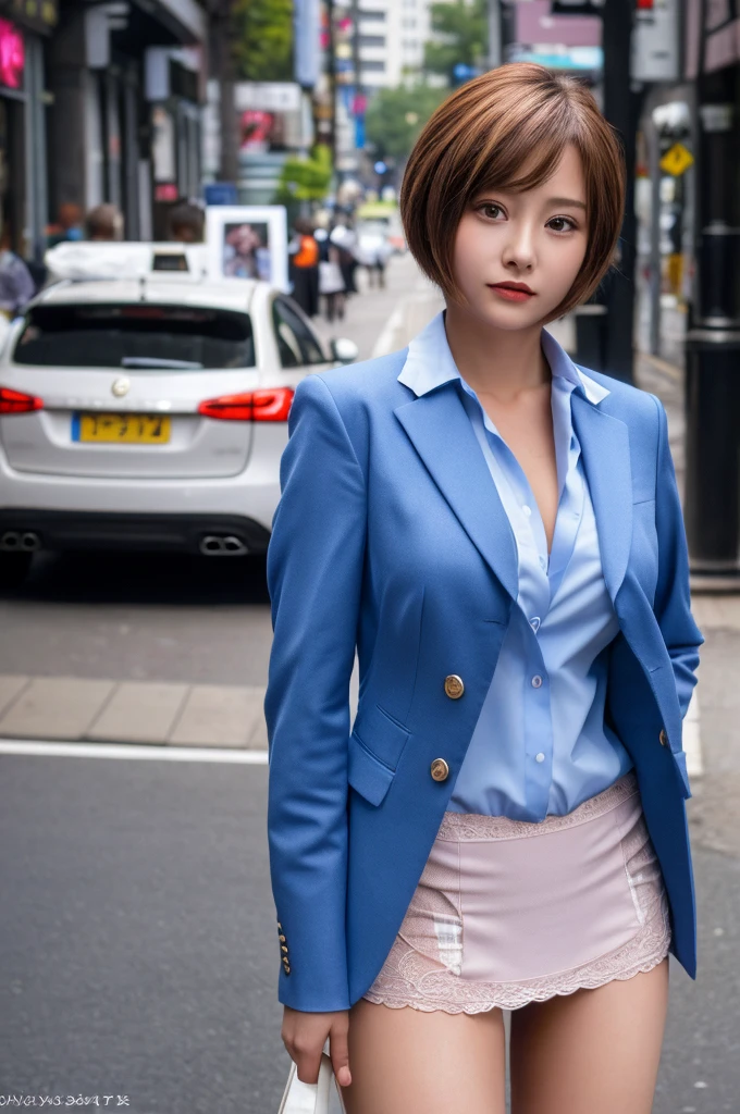 a 18 year old face of the most beautiful actress in the world, the perfect body proportions of a female, worn blazer is closed and buttoned on formal shirt which is covering upper body with it's large breasts of a female directly, panties between bare legs are seen just a little thanks to suit skirt is too short, thighs, standing, at city street, nsfw, best quality, highly detailed, masterpiece, ultra high res, photo realistic, 8k, short hair cut above the ears 