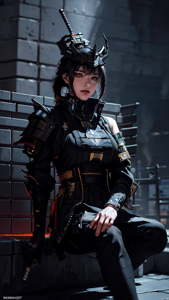 Surreal version of a super cool woman standing on a wall with sword in hand, Sitting on the wall, very beautiful cyberpunk samurai, Sitting on the wall, Futuristic background, Smoky background, cyberpunk anime art, cyberpunk samurai , cyberpunk city anime art, cyberpunk anime, cgsociety 9, digital cyberpunk anime art, style of maciej kuciara .1girl, samurai armor, demon mask helmet, intricate decorations, details, cool colors, metallic, Egyptian details, very intricate details, realistic lighting, trending on social cgs, glowing eyes, facing camera, Brick wall,neon details, surreal details , full body portrait, Japanese atmosphere, global lighting, shadows, octane rendering, 8k, super sharp lolita.((Best quality)), ((masterpiece)), (chi details) :1.4), 3D, image of a beautiful cyberpunk female, HDR (High Dynamic Range), Beam Range, NVIDIA RTX, Ultra High Resolution, Unreal 5, Subsurface Scattering, PBR Textures , Post-processing, Anisotropic filtering, Depth of field, Maximum clarity and sharpness, Multi-layer textures, Reflection and specular maps, Surface shadows, Accurate simulation of material interactions- lighting, Perfect Ratio, Octane Rendering, Two-Tone Light Color, Wide Aperture, Low ISO, White Balance, Rule of Thirds, 8K RAW,