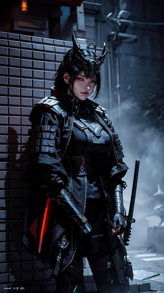 Surreal version of a super cool woman standing on a wall with sword in hand, Sitting on the wall, very beautiful cyberpunk samurai, Sitting on the wall, Futuristic background, Smoky background, cyberpunk anime art, cyberpunk samurai , cyberpunk city anime art, cyberpunk anime, cgsociety 9, digital cyberpunk anime art, style of maciej kuciara .1girl, samurai armor, demon mask helmet, intricate decorations, details, cool colors, metallic, Egyptian details, very intricate details, realistic lighting, trending on social cgs, glowing eyes, facing camera, Brick wall,neon details, surreal details , full body portrait, Japanese atmosphere, global lighting, shadows, octane rendering, 8k, super sharp lolita.((Best quality)), ((masterpiece)), (chi details) :1.4), 3D, image of a beautiful cyberpunk female, HDR (High Dynamic Range), Beam Range, NVIDIA RTX, Ultra High Resolution, Unreal 5, Subsurface Scattering, PBR Textures , Post-processing, Anisotropic filtering, Depth of field, Maximum clarity and sharpness, Multi-layer textures, Reflection and specular maps, Surface shadows, Accurate simulation of material interactions- lighting, Perfect Ratio, Octane Rendering, Two-Tone Light Color, Wide Aperture, Low ISO, White Balance, Rule of Thirds, 8K RAW,