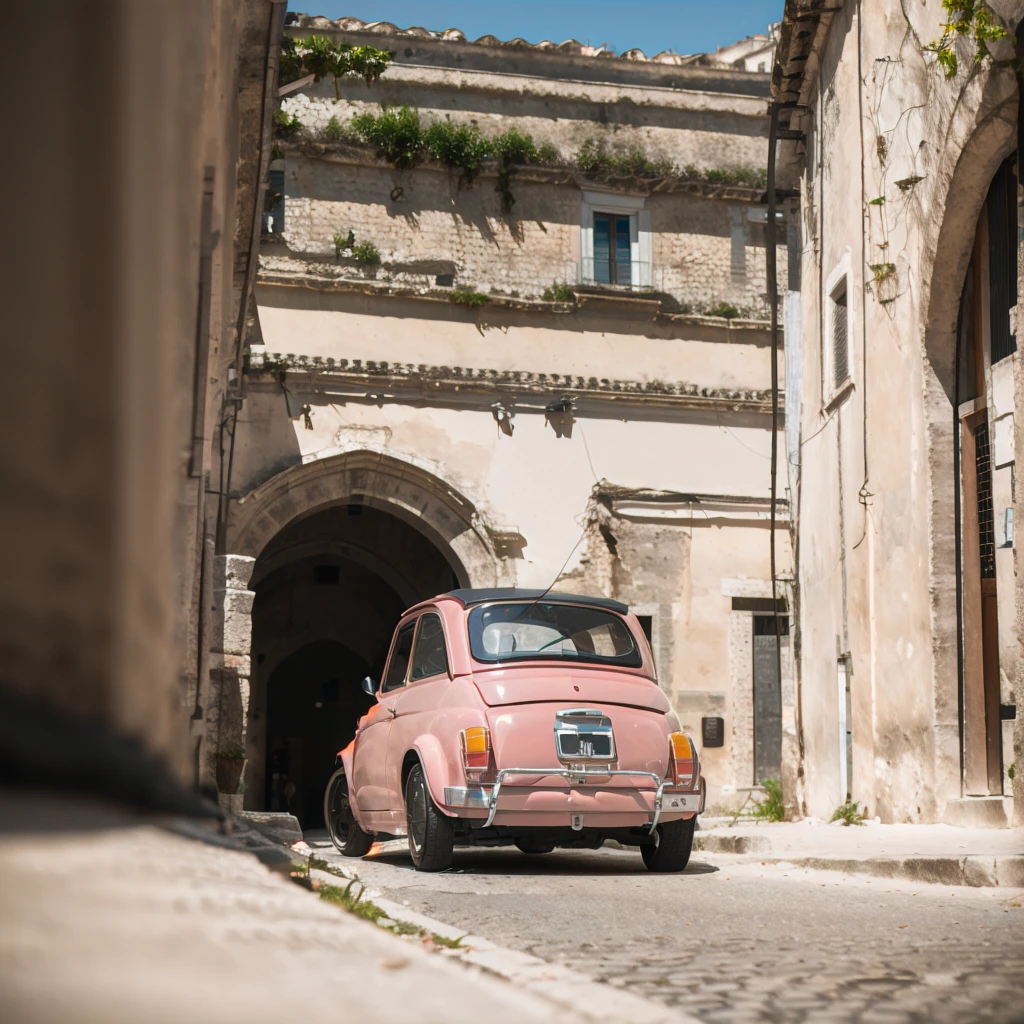 (FIAT500, classical old Italian Fiat 500 car, sassi_di_matera), [view from the bottom, rear view]. a small bright pink-fucsia car. The old Fiat 500 that runs through the alleys of the Sassi of Matera. Photorealistic shot giving the motion blur of speed. In background Sassi of Matera landscape. blurred foreground.