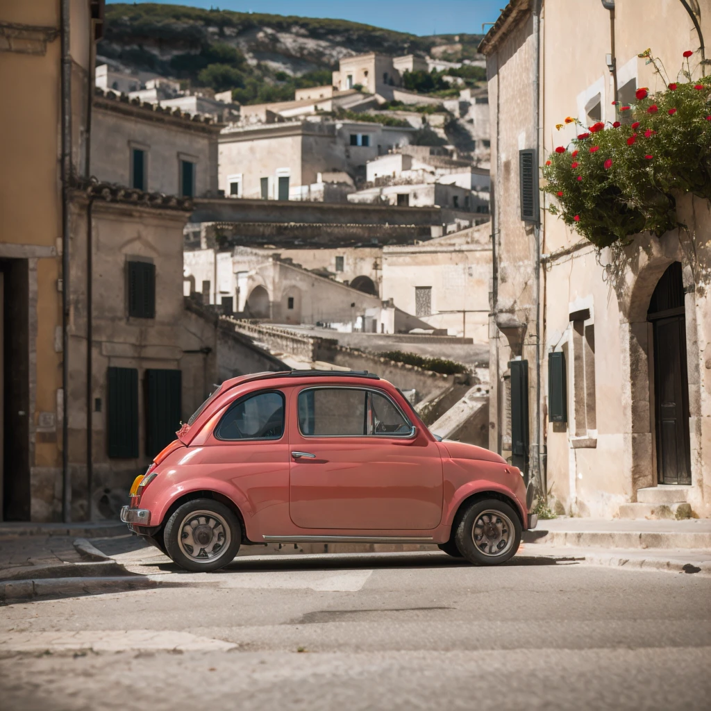 (FIAT500, classical old Italian Fiat 500 car, sassi_di_matera), [view from the bottom, rear view]. a small bright pink-fucsia car. The old Fiat 500 that runs through the alleys of the Sassi of Matera. Photorealistic shot giving the motion blur of speed. In background Sassi of Matera landscape. blurred foreground.