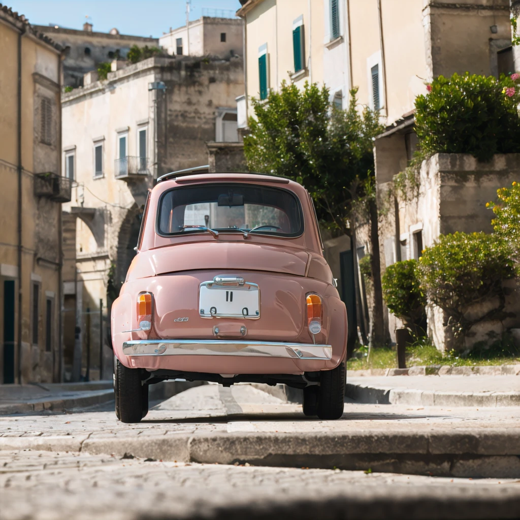 (FIAT500, classical old Italian Fiat 500 car, sassi_di_matera), [view from the bottom, rear view]. a small bright pink-fucsia car. The old Fiat 500 that runs through the alleys of the Sassi of Matera. Photorealistic shot giving the motion blur of speed. In background Sassi of Matera landscape. blurred foreground.