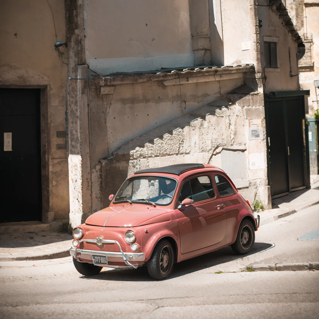 (FIAT500, classical old Italian Fiat 500 car, sassi_di_matera), [view from the bottom, rear view]. a small bright pink-fucsia car. The old Fiat 500 that runs through the alleys of the Sassi of Matera. Photorealistic shot giving the motion blur of speed. In background Sassi of Matera landscape. blurred foreground.