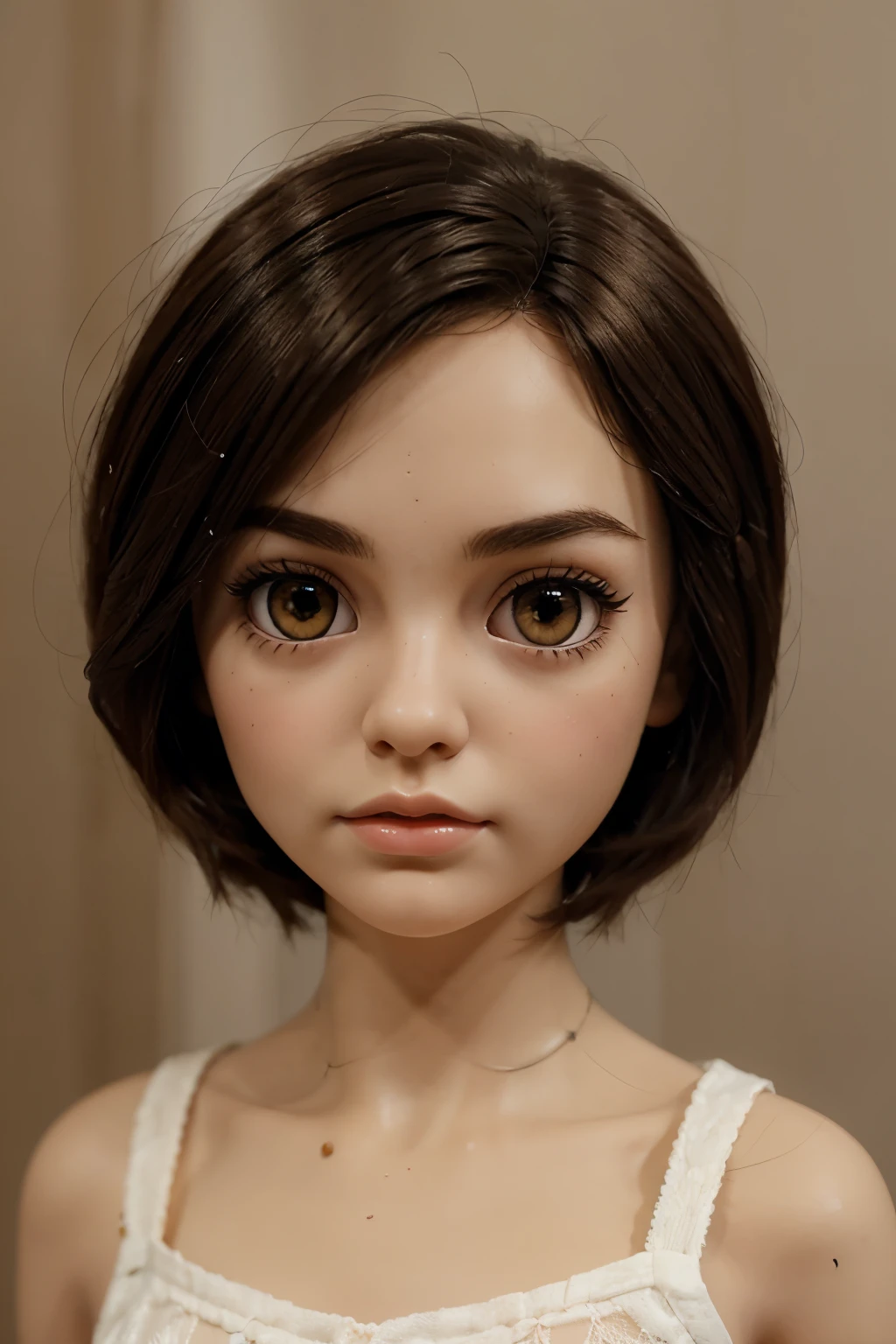 Create a blythe doll with short hair, slightly wavy, brown eyes, thin brows, close up face, slightly tilted head
