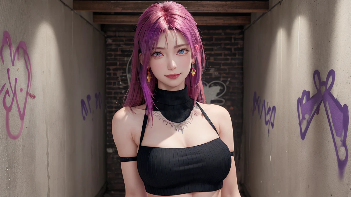 (masterpiece, best quality, 1girl, solo, intricate details, chromatic aberration), realistic, ((medium breath)),long hair, pink hair, red head ornament, pink highlights, hair over one eye,purple eyes, earrings, sharp eyes, choker, neon shirt, She wears a collar, bangles, and a kimono-style garter belt., crop top, (symmetry eyes),(perfect symmetrical body),against wall, brick wall, (colorful graffiti words on wall:1.2), dim lighting, alley ,look at viewer、dig breasts、smile、(No sleeve、Navel exposed、fitted turtleneck)、hot pants string street、thin butt、Please generate above the eaves.、thin shoulders、In underwear、