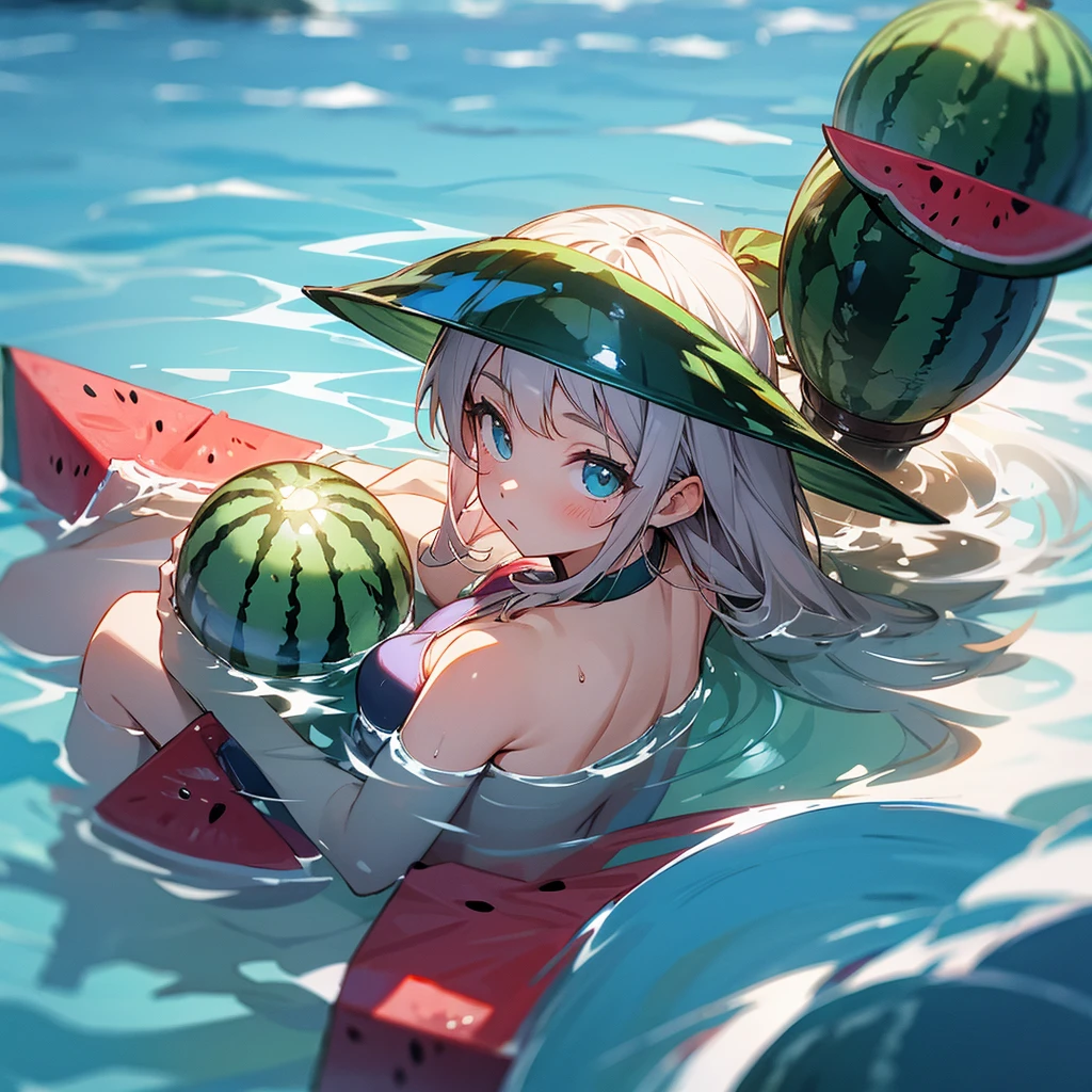 watermelon girl in a swimsuit in clear water