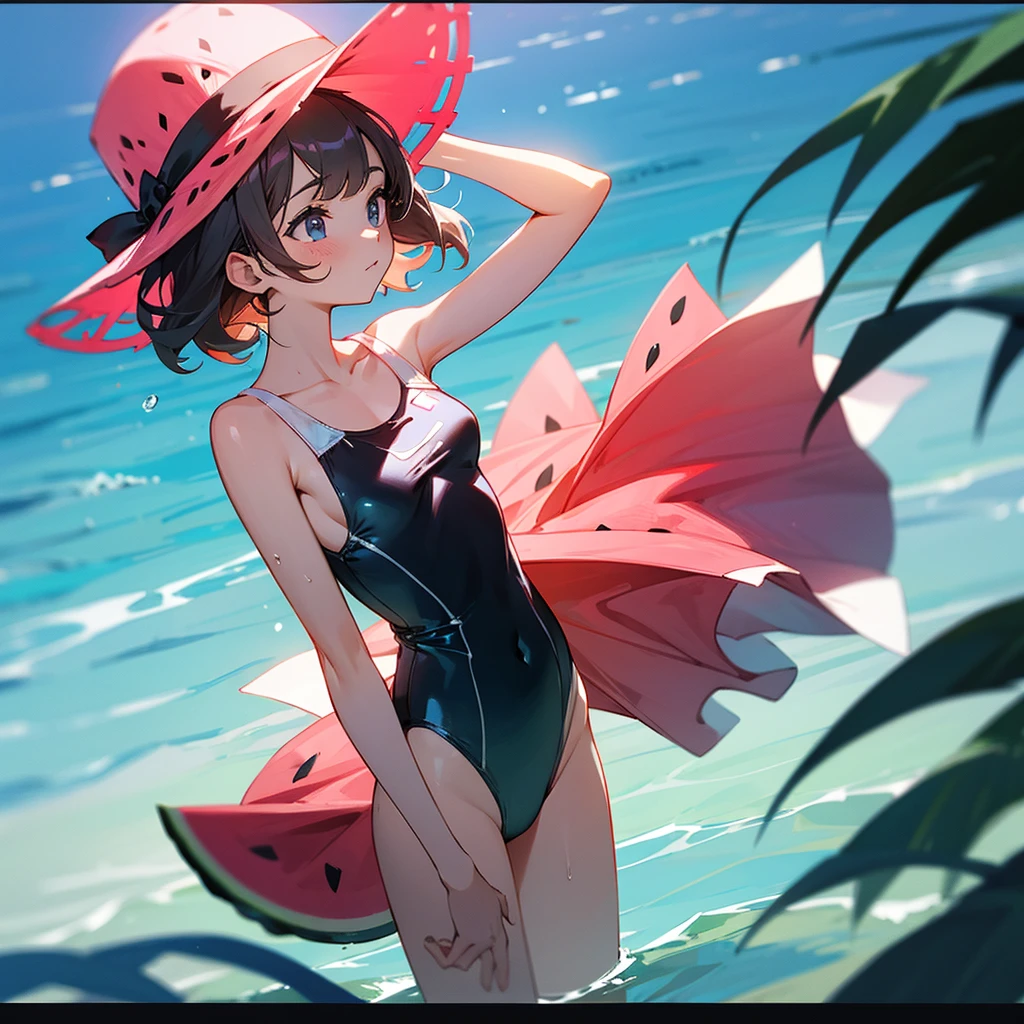 watermelon girl in a swimsuit in clear water