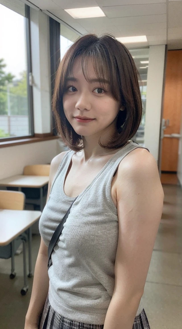  Highest quality, shape, Very detailed, finely, High resolution, 8k wallpaper, 完璧なダイナミックな構shape, Beautiful and exquisite,  Natural Lip, whole body, front,Shyness、Embarrassed expression、Large Breasts、Bob Cut Hair、University classroom、Pleated skirt、(((Looking into the camera)))、Brown Hair、Tank top、Shoulder bag