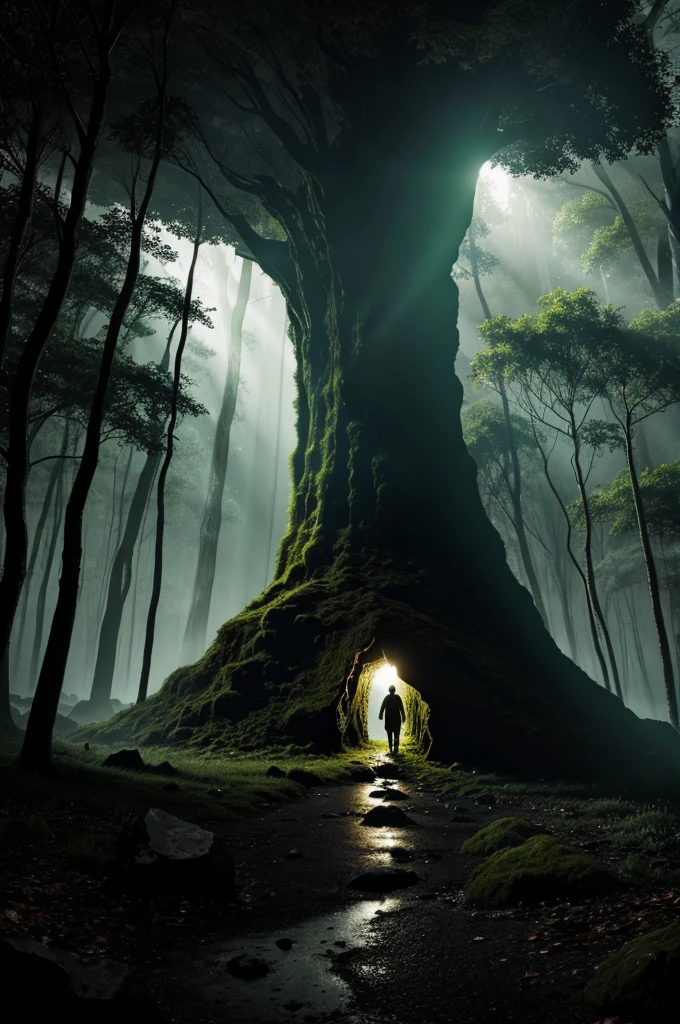 Dark cave in the middle of rainy forest high resolution greenary spooky dark