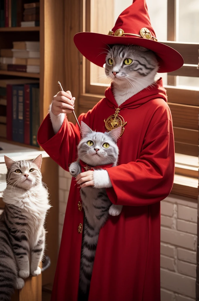 Create a wizard cat, in red clothes, casting a spell