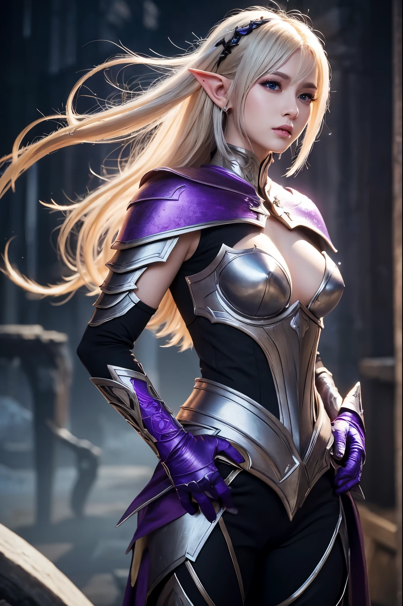8K,Blonde short bob hair elf、Super Beauty(Like the real thing),An Arafed woman in purple and black holding a silver and purple bow、超詳細なFantasy Characters、3DレンダリングCharacter Art,blue eyes、artgerm;3D Unreal Engine、Fantasy Costume,Detail Fantasy、Stunning Armor、Fantasy Characters、見事なCharacter Art、Enchantingなメスマー女性、Gorgeous Female Paladin、Ultra-high resolution、Ultra-Realistic Skin、Beautiful expression、Sexy appearance、Enchanting、Beautiful small breasts,Rich colors、Backlight、Cinema Lighting、Film Grain、50mm lens、Nikon D850、Fantasy art,Character Art、Dynamic fighting poses、In a dimly lit dungeon、Makeup、Elf Ears,Very muscular and slim body,Very very strong abs,Silver hair ornament(one point),Purple and black combat trousers,Macho,