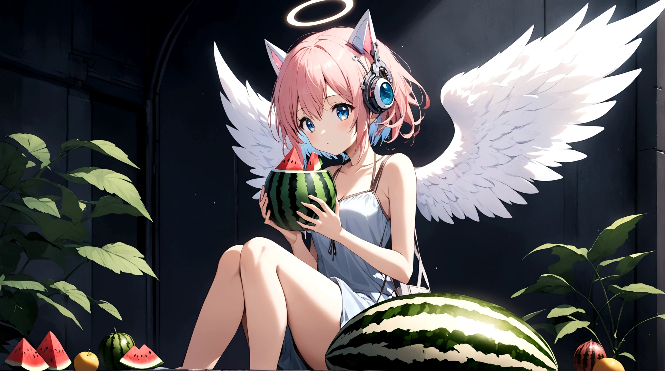 1girl, solo, blue eyes, holding, sitting, pink hair, food, wings, barefoot, fruit, holding food, angel wings, holding fruit, watermelon, robot ears