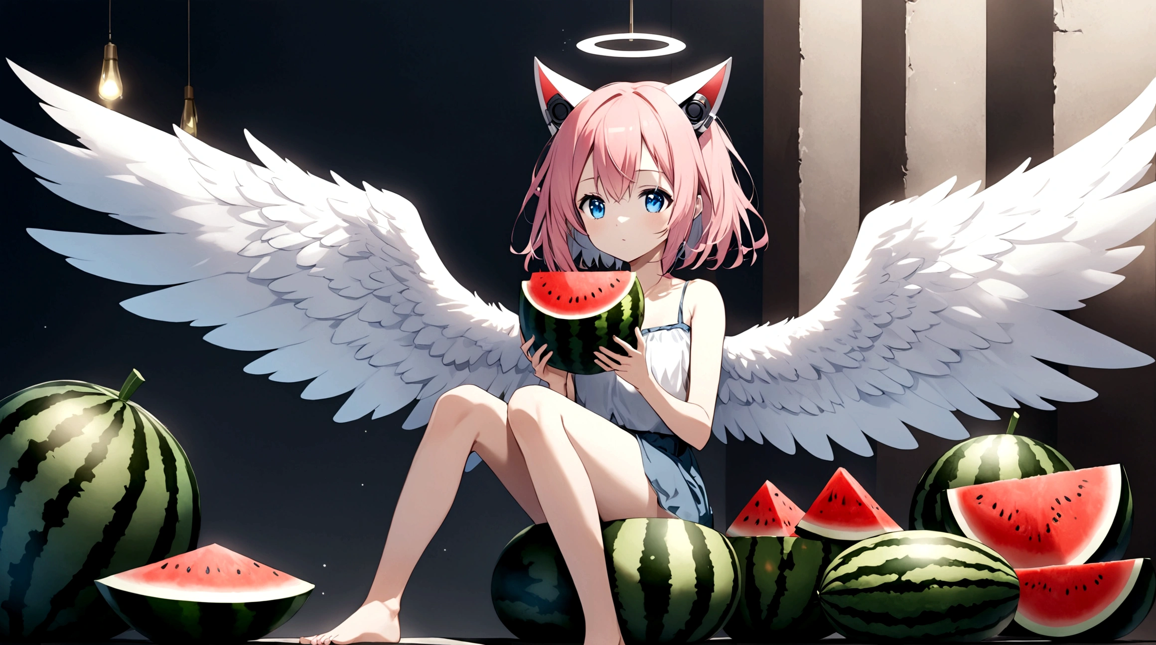 1girl, solo, blue eyes, holding, sitting, pink hair, food, wings, barefoot, fruit, holding food, angel wings, holding fruit, watermelon, robot ears
