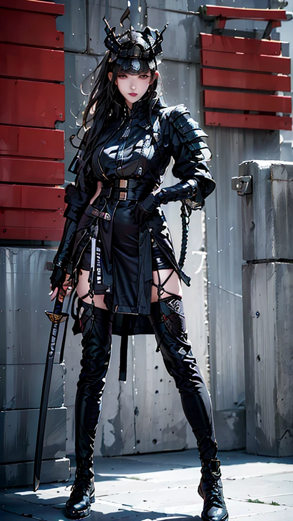 Small warehouse,Dim light, The entire space is filled with workstations with electronic devices and screens, Ultra HD resolution,1 mature woman,Full body portrait,Long hair,Beautiful face,Artworks by yaguru magiku, ((Wearing black medieval armor:1.3)), Perfect body, Cleavage,Long legs,((The style of Kyoto Animation in the 1990s)), Official Art, ((((Black Hair)), Beautiful symmetrical face