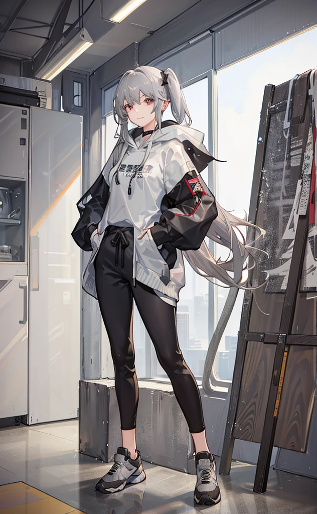juvenile，Gray hair，Standing，Greet the screen with a smile，whole body。Grey Hoodie，There are two little dolls hanging around the waist.。Brown trousers，sports shoes。individual。