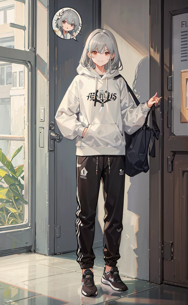 juvenile,Gray hair,Standing,Greet the screen with a smile,whole body。Grey Hoodie,There are two little dolls hanging around the waist.。Brown trousers,sports shoes。individual。