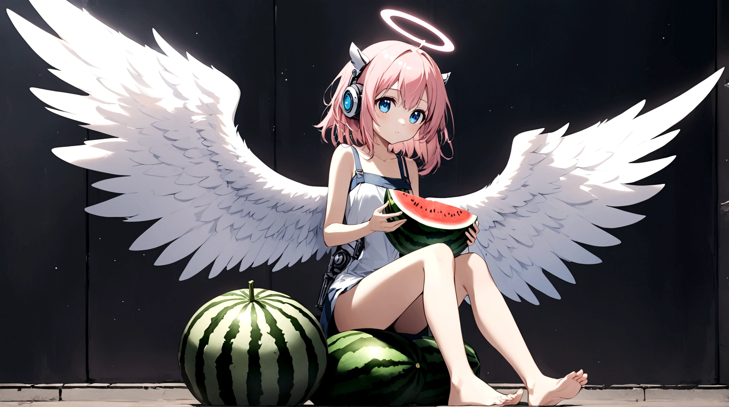 1girl, solo, blue eyes, holding, sitting, pink hair, food, wings, barefoot, fruit, holding food, angel wings, holding fruit, watermelon, robot ears