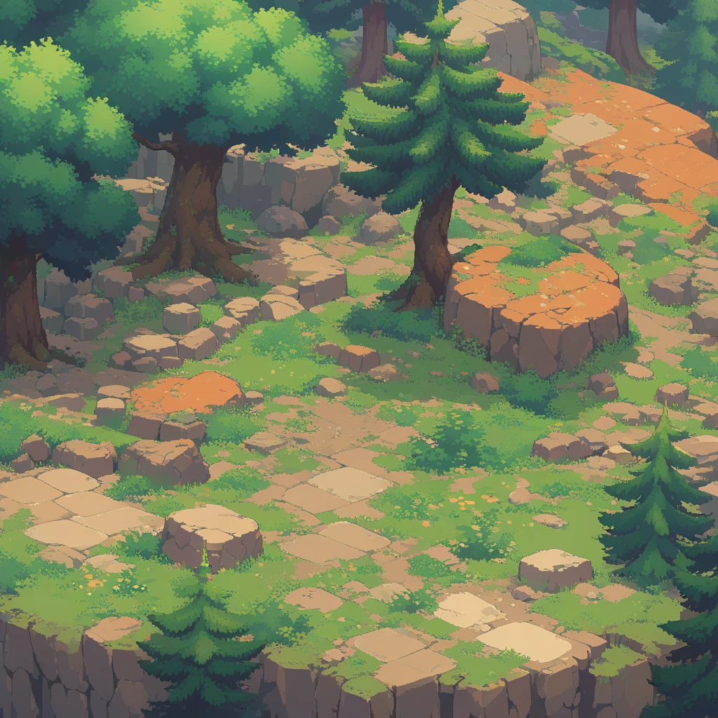 retro video game style,pixelated, vibrant colors,8-bit characters,sharp lines,detailed shading,classic gaming vibe,nostalgic atmosphere,classic arcade games,masterpiece:1.2,ultra-detailed,illustration style, 2d texture, stone texture, 4 k seamless cliff texture, video game texture, dirt texture, tileset, game tiles, grass, trees, rock texture, detailed trees, topdown view, game texture, game art, tileable texture, very detailed cliff texture, top down view, 3/4th perspective