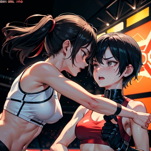 dynamic battle action. two women are facing each other in the octagon ring. A woman is punching into the other woman's body. A female fighter is crying。Her sports bra is ripped。Covered in bruises。Bloody。shortness of breath。Drooling。Frightened expression。Running out of energy。Sweaty。Short black hair。Open Finger Gloves。Erect nipples。One eye closed.