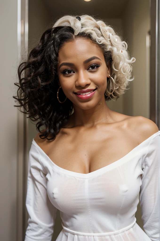 black American model girl, white and curly hair, eye lashes, glow lipstick, makeups, tight and open frock, smiling, looking side, modeling poses