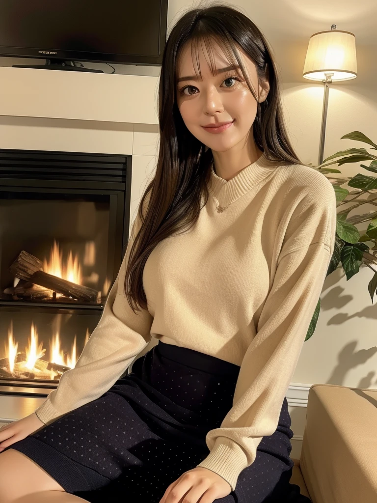 rie,One Woman,(best quality), (ultra detailed), (absolutely resolution),Face is front, 24-years-old, Brush your hair up, Cable knit and overall skirt, The color of the clothes is purple, The pattern on the clothes is polka dots, Black Hair, Warm living room with fireplace