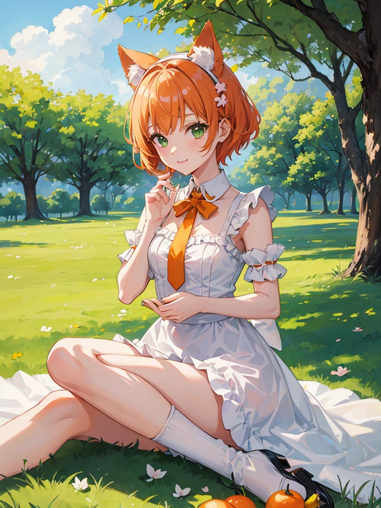 1 girl, neko mimi, , anime neko mimi orange short hair girl sitting in grass wearing maid outfit, eagle eye perspective, girl looking up with lovely shining green emerald eyes, cutest smile, outdoor background, floating sakura leaves, girl picnicking under sakura tree, cinematic lighting, extremely detailed fingers, body, face, clothes, picnic set props, ultra HD, masterpiece, very very anime style