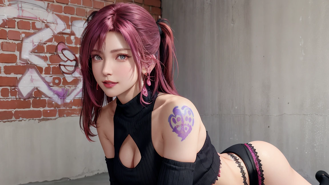 (masterpiece, best quality, 1girl, solo, intricate details, chromatic aberration), realistic, ((medium breath)),long hair, pink hair, red head ornament, pink highlights, hair over one eye,purple eyes, earrings, sharp eyes, choker, neon shirt, She wears a collar, bangles, and a kimono-style garter belt., crop top, (symmetry eyes),(perfect symmetrical body),against wall, brick wall, (colorful graffiti words on wall:1.2), dim lighting, alley ,look at viewer、dig breasts、smile、(No sleeve、Navel exposed、fitted turtleneck)、hot pants string street、thin butt、Please generate above the eaves.、thin shoulders、In underwear、