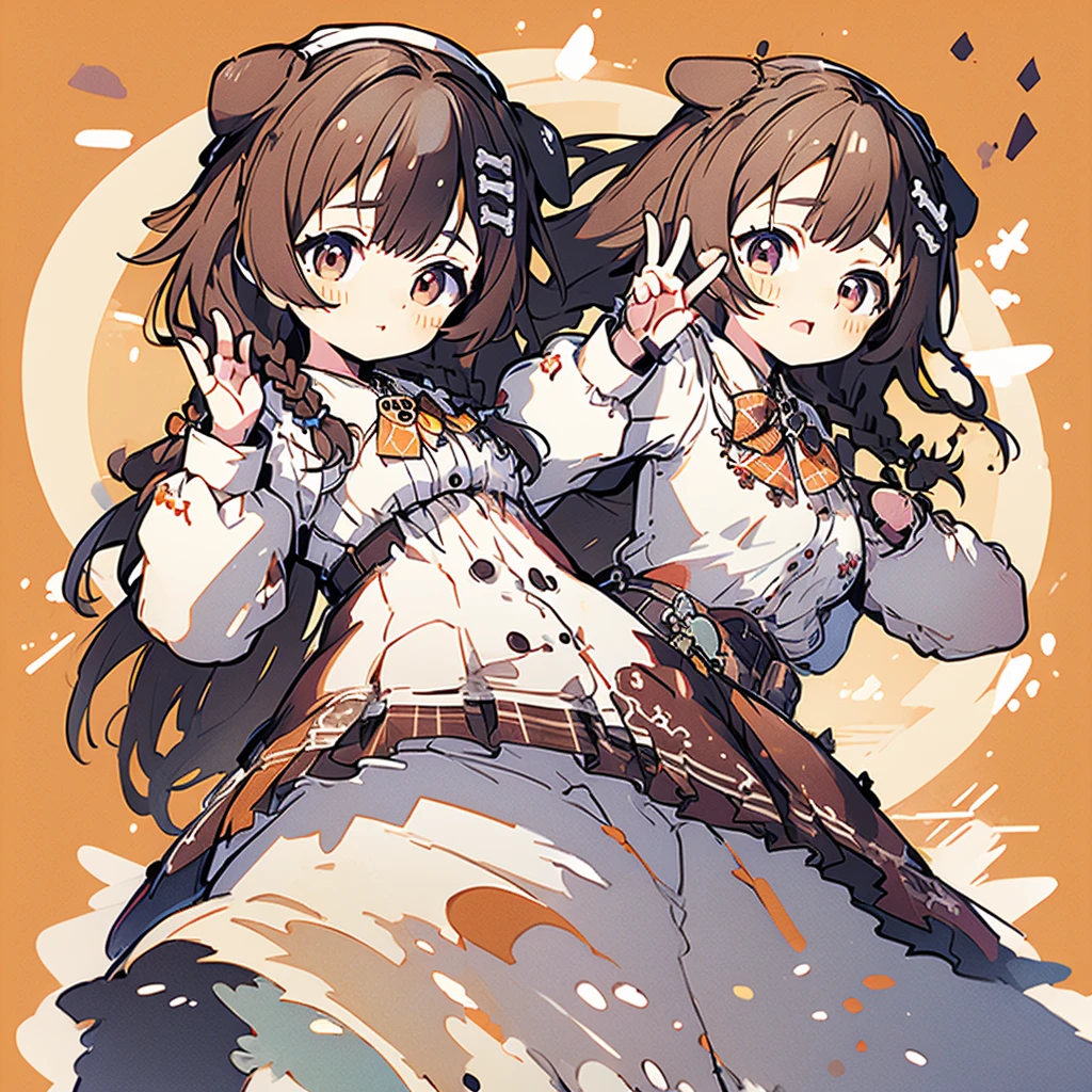 masterpiece, best quality, highres, ik2, 1girl, white shirt, brown skirt, twin braids, hat, animal ears, long sleeves, plaid bowtie, medium breasts, waving, wariza, filed,