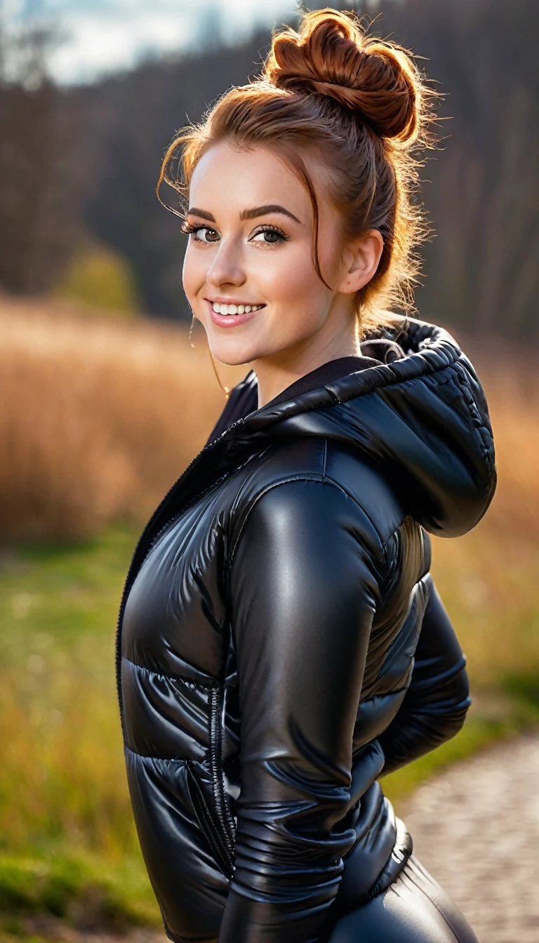 ultrarealistic high quality full body photo of a beautiful busty slim european 25-year-old woman with cute hyperdetailed shy face and natural redhead messy bun hair and shy smile , realistic round hazel eyes, natural lips, dark eye makeup with eyeliner, wearing casual hoodie with shiny puffer vest and latex leggins, hourglass body, outdoor photography, tanned