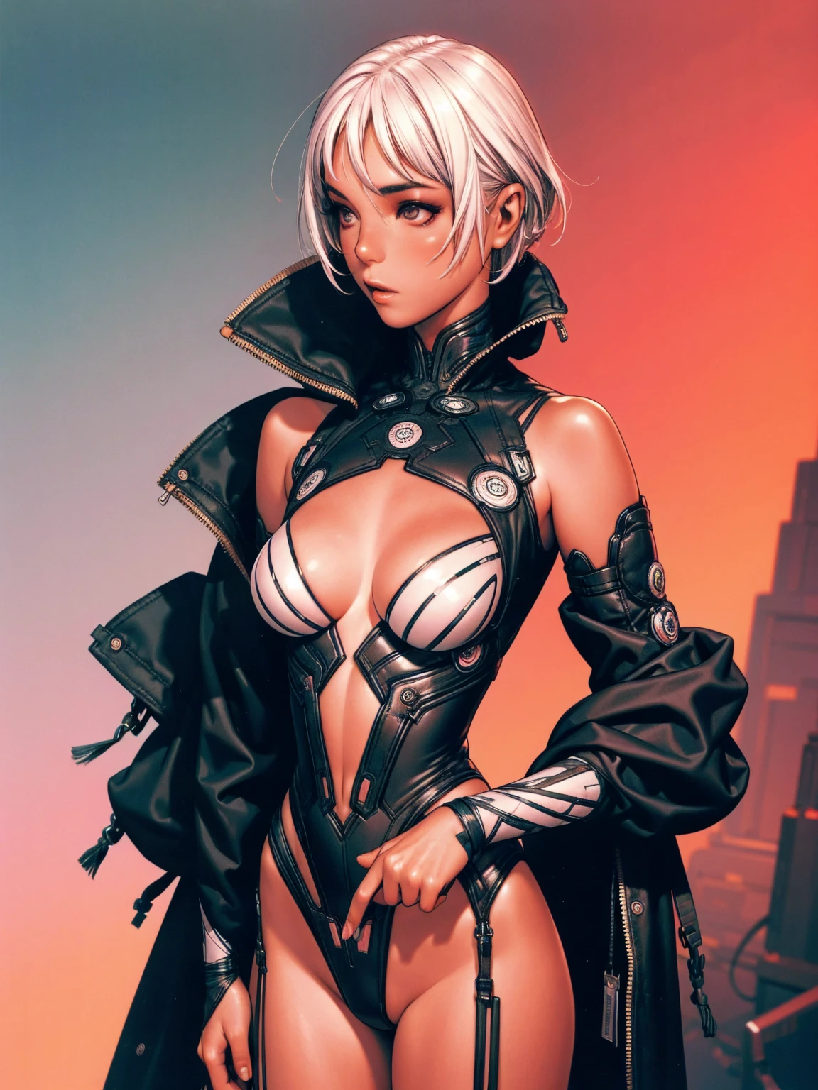 (((Annie Lennox))), (((Dark red))), (scars), (((Bandaged body))), ((hooded cloak)), (((best qualityer: 1.4))), (Unbeatable masterpiece), (hiper HD),(CG 8k hyper-realistic), (((brave face))), (((breasts big))), (((hyper feminine))), sexly girl, black tattoo,(ultra short pink hair)), ((( sculptural body ))), (((1 Kizi))), Kizi tatuada de 25 anos com perfectbody,,Beautiful and well-groomed face,muscular body:1.2,solid color detailed jacket, (Head to thigh photos), Complex equipment, green dark,long pants,Tight clothes are dark,With white stars and off-white stripes,,,,,Armor Metal Electronic Parts, Poison tattoos ) INFO, Kizi, (((standing alone))), pirralha violent, ((())), sexly, pose de atitude, work of art, post-apocalypse, (((manga style))), bounty hunter, violent, Manic, the way you want, slenderbody, thin but strong, perfectbody, roupa moderna, advanced technology, Pleated mini skirt with checkered pattern in red and black, fur collar jacket, sleeves with vertical striped pattern, neutral background, (( cowboy shot )). intricate visual