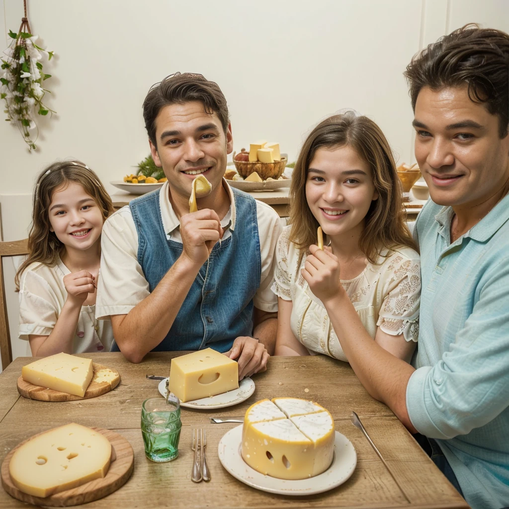 family of ((adult man and woman who are (over 45 years old)) and (( boy and girl (12 yearssitting at the table with food, Eating cheese, Warm and joyful atmosphere, shutterstock, stock image, stock image, stock image, promotional image, useful image, promotional photo, good morning, Family dinner, photo stop, delicious, cheese on the table, stock, artistic interpretation, slice of life, on trend, youtube thumbnail, portrait shot, Noon