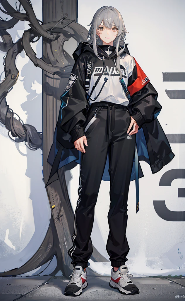 juvenile,Gray hair,Standing,Greet the screen with a smile,whole body。Grey Hoodie。Brown trousers,sports shoes。individual。