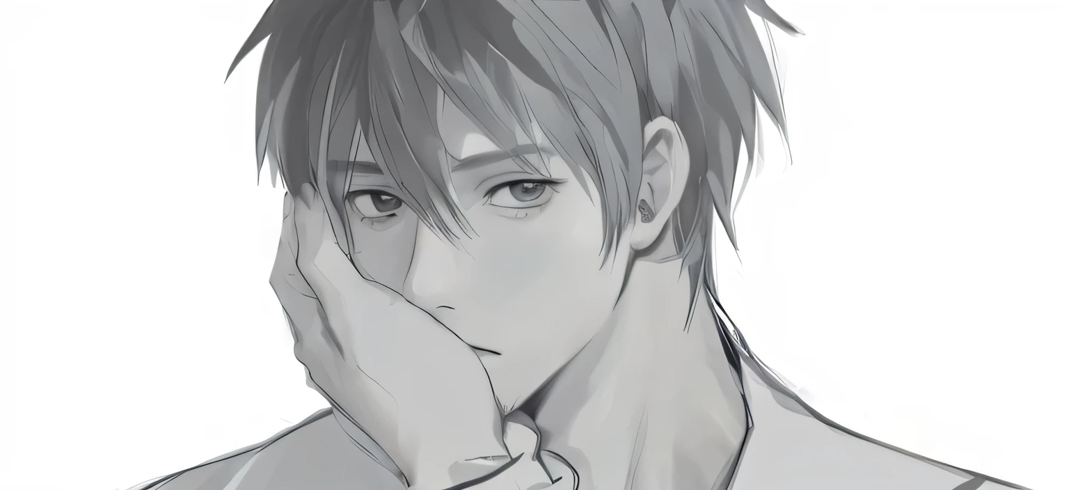 A man's avatar，A hand touches the cheek，Thick coating，Soft expression，Good-looking facial features，look up