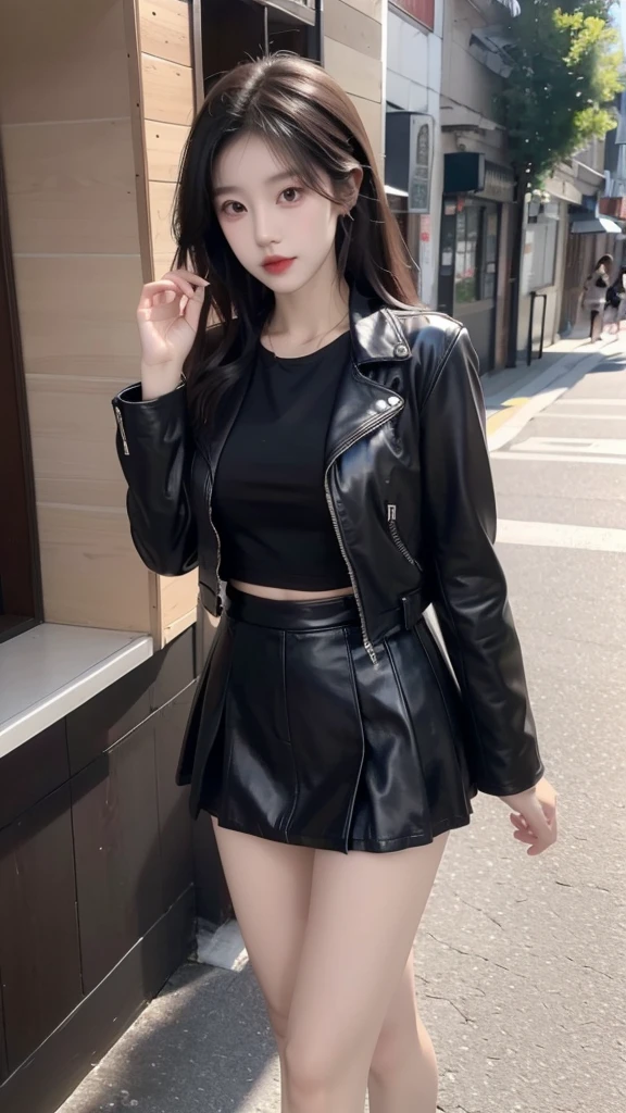 Japanese girl wearing a black leather jacket, black short skirt, wearing sandals, has six pack abs, black hair, 8k style