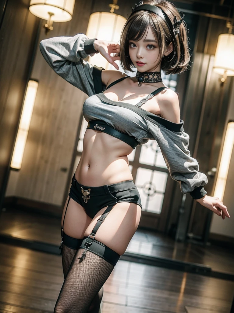 Female Spy、20th generation、short hair、Big and ample breasts、Being tortured、Being restrained in handcuffs、The face is ecstatic、Black underwear、Black garter belt、Being collared、The collar has a chain、