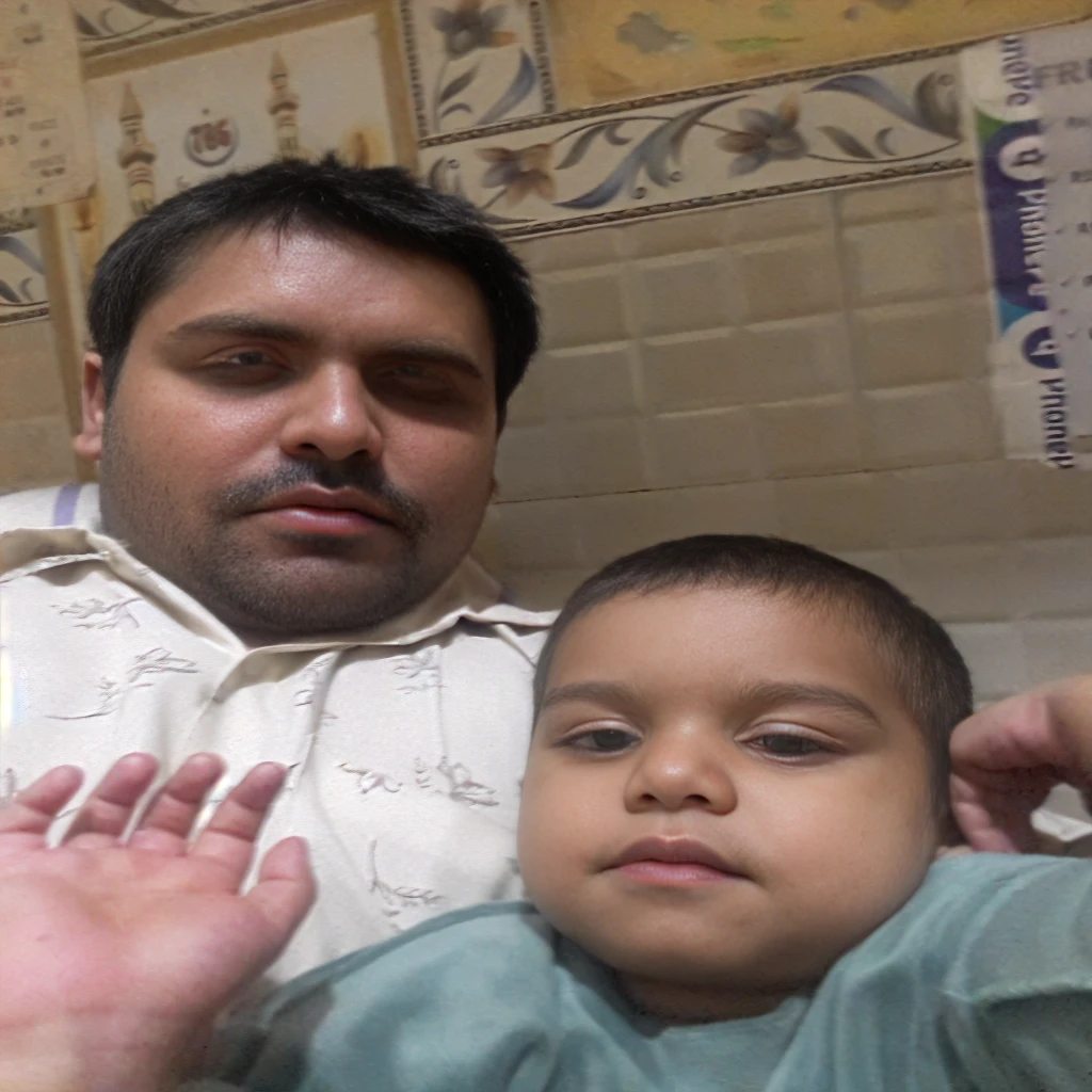 there is a man and a  that are sitting together, with a kid, very very low quality picture, father with , 4 0 years old man, profile pic, ghutra and egal, selfie photo, khyzyl saleem, profile picture, ash thorp khyzyl saleem, ayan nag, father, very clear picture