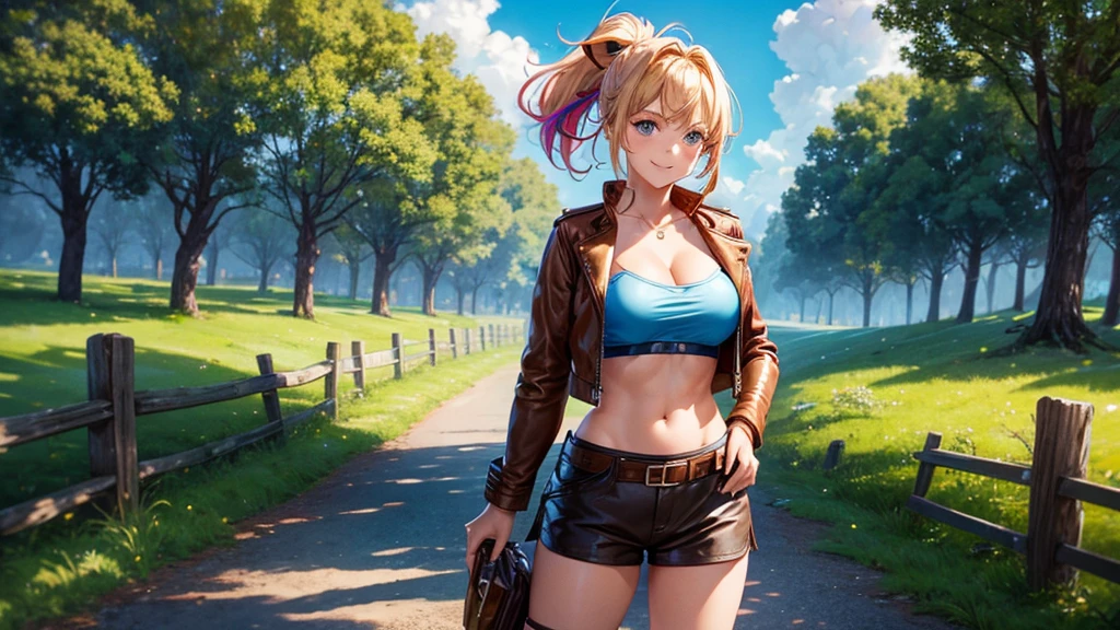 Highest Quality, ​masterpiece, beautifully detailed eyes,, short Blonde Hair, Gradient Hair, pink highlights in hair, medium breasts, standing, makeup, glossy lips, full lips, (natural lighting), grass, button up shirt, thong straps, light smile, midriff, collarbone, thigh highs, miniskirt, cleavage
 sultry look, seductive,
