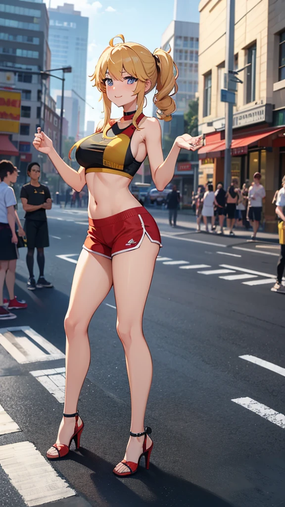 Yang Xiao Long, Blonde hair, gym shorts, bare legs, high heels, heels, stiletto heels,  sports bra, flashing, lifting top, boobs, side boob, viewed from behind, nsfw, uncensored, no censor, standing, top lifted by self, exhibitionist, exhibitionism, public, outdoors, street side, road side, smiling, blushing, standing on side walk, bloomers