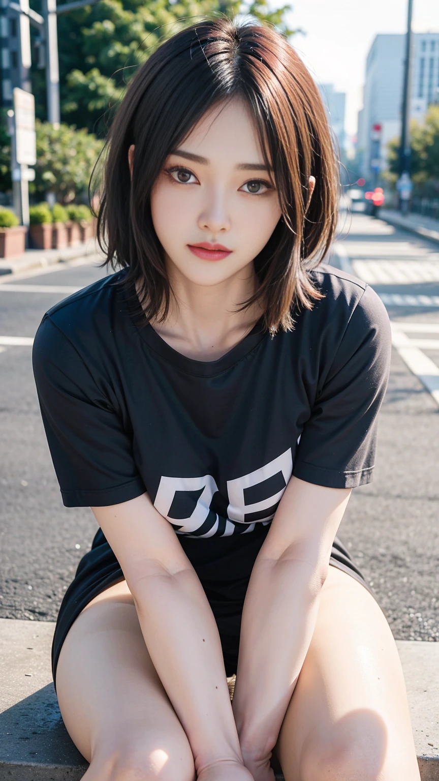 ((Huge-tits, Small Head)), (Perfect Body: 1.1), (Young), (Short Wavy Hair: 1.2), ((Blue t-shirts)), (Gray tight leggings), (Highly Detailed CG 8k Wallpaper), (Very Delicate and Beautiful), (Masterpiece), (Best Quality: 1.0), (Ultra High Definition: 1.0), Beautiful Lighting, Realistic Shadows, [Hi-Res], (((Realistic Skin))), Ultra Detail, A Little Thicker Thigh, ( Beautiful Long Hair), Beautiful Big,(Blush), Photonic, Realistic Face, Realistic Eyes, (Small Eyes), (Eyeliner), (Mascara), Sexy, (Sexy Woman), (Adult Woman), (Dark red Hair), Pictures of 20 Year Old Women, (Standing on the road), (Casual Uniforms), Blurry Background,( Black knee-high), Red highest, (shiny big), new  york  cityscape background, (clear blue eyes),sitting, panty shot, legs spread wide, (shiny all over the body) (glossy on the body), ((legs spread wide)),hands behind the back, shiny on the legs, shiny on the legs, sweat, (glossy on the legs), absolute area, knee raising, knee opening,