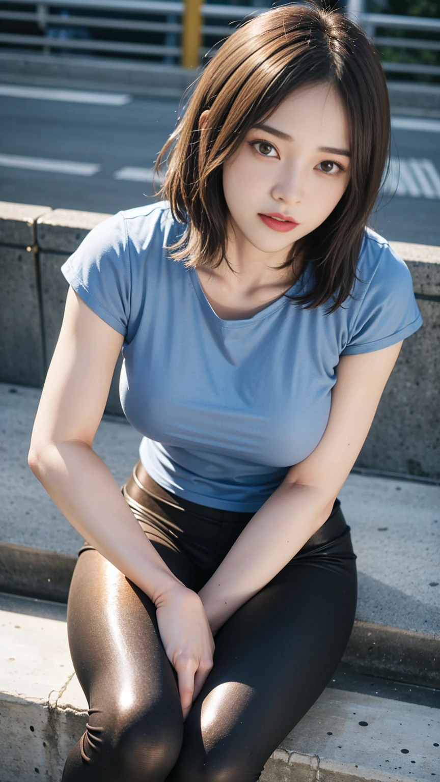 ((Huge-tits, Small Head)), (Perfect Body: 1.1), (Young), (Short Wavy Hair: 1.2), ((Blue t-shirts)), (Gray tight leggings), (Highly Detailed CG 8k Wallpaper), (Very Delicate and Beautiful), (Masterpiece), (Best Quality: 1.0), (Ultra High Definition: 1.0), Beautiful Lighting, Realistic Shadows, [Hi-Res], (((Realistic Skin))), Ultra Detail, A Little Thicker Thigh, ( Beautiful Long Hair), Beautiful Big,(Blush), Photonic, Realistic Face, Realistic Eyes, (Small Eyes), (Eyeliner), (Mascara), Sexy, (Sexy Woman), (Adult Woman), (Dark red Hair), Pictures of 20 Year Old Women, (Standing on the road), (Casual Uniforms), Blurry Background,( Black knee-high), Red highest, (shiny big), new  york  cityscape background, (clear blue eyes),sitting, panty shot, legs spread wide, (shiny all over the body) (glossy on the body), ((legs spread wide)),hands behind the back, shiny on the legs, shiny on the legs, sweat, (glossy on the legs), absolute area, knee raising, knee opening,