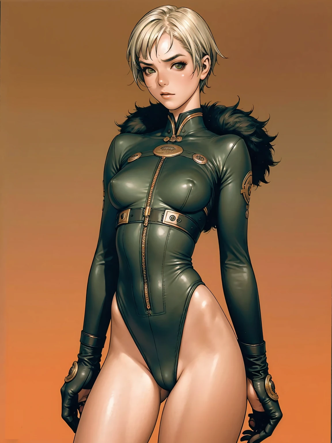 (((Annie Lennox))), (((Dark green))), (skull suit), (((bandaged arms))), ((super short hair)), (((best qualityer: 1.4))), (Unbeatable masterpiece), (hiper HD),(CG 8k hyper-realistic), (((brave face))), (((breasts big))), (((hyper feminine))), sexly girl, black tattoo,(ultra short orange hair)), ((( sculptural body ))), (((1 Kizi))), Kizi tatuada de 25 anos com perfectbody,,Beautiful and well-groomed face,muscular body:1.2,solid color detailed jacket, (Head to thigh photos), Complex equipment, green dark,long pants,Tight clothes are dark,With white stars and off-white stripes,,,,,Armor Metal Electronic Parts, tribal tattoos ) INFO, Kizi, (((standing alone))), pirralha violent, ((())), sexly, pose de atitude, work of art, post-apocalypse, (((manga style))), bounty hunter, violent, Manic, the way you want, slenderbody, thin but strong, perfectbody, roupa moderna, advanced technology, Pleated mini skirt with checkered pattern in red and black, fur collar jacket, sleeves with vertical striped pattern, neutral background, (( cowboy shot )). intricate visual