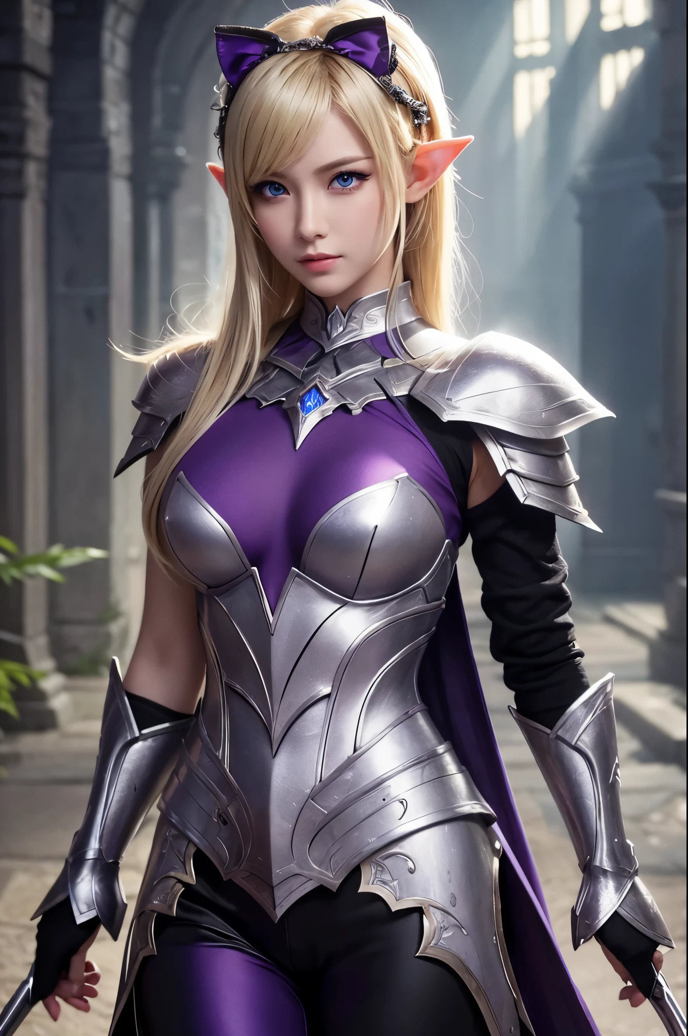 8K,Super beautiful elf with short blonde bob hair、Super Beauty(Like the real thing),Ala-fed woman in purple and black costume posing with a sword、超詳細なFantasy Characters、3DレンダリングCharacter Art,blue eyes、artgerm;3D Unreal Engine、Fantasy Costume,Detail Fantasy、Stunning Armor、Fantasy Characters、見事なCharacter Art、Enchantingなメスマー女性、Gorgeous Female Paladin、Ultra-high resolution、Ultra-Realistic Skin、Beautiful expression、Sexy appearance、Enchanting、Beautiful small breasts,Rich colors、Backlight、Cinema Lighting、Film Grain、50mm lens、Nikon D850、Ultra-high resolution、Ultra-realistic fantasy art,Character Art、Dynamic fighting poses、In a dimly lit dungeon、Makeup、Elf Ears,Very muscular and slim body,Very very strong abs,Silver hair ornament(one point),