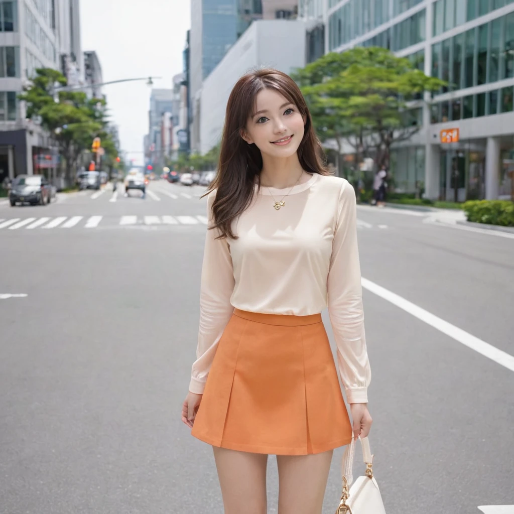 (masterpiece, 最high quality:1.2), (One girl:1.5), high quality, Standing on the sidewalk at an intersection in an office district, (Orange long sleeve blouse:1.6), Beige mini skirt(smile:1.5), (White pumps:1.5)