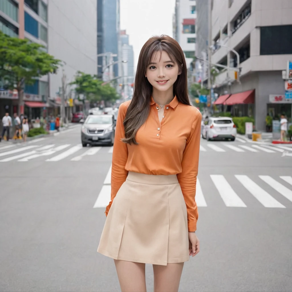 (masterpiece, 最high quality:1.2), (One girl:1.5), high quality, Standing on the sidewalk at an intersection in an office district, (Orange long sleeve blouse:1.6), Beige mini skirt(smile:1.5), (White pumps:1.5)