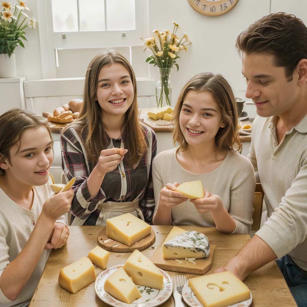 family of ((adult man and woman who are (over 45 years old)) and ((children boy and girl ( each)) sitting at the table with food, Eating cheese, Warm and joyful atmosphere, shutterstock, stock image, stock image, stock image, promotional image, useful image, promotional photo, good morning, Family dinner, photo stop, delicious, cheese on the table, stock, artistic interpretation, slice of life, on trend, youtube thumbnail, portrait shot, Noon