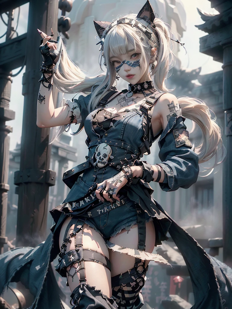 (Full Body View:1.3)、(Beautiful lips and nose:1.4)、(Long eyelashes:1.4)、(Side view:1.1)、(Smiling with teeth showing:1.3),(Shibuya Gal:1.5)、(Gothic Lolita delicately decorated dress:1.5)、(Tattered charcoal denim and black punk rock cargo pants:1.5)、(Charcoal denim and black with white skull mark small jacket:1.4)、(denim garter belt:1.5)、(Black and charcoal denim knee socks:1.3)、(Skull Silver Accessories:1.5)、(Charcoal denim collar:1.3)、(Brown Skin Belt:1.4)、(Brown boots:1.2)、(The underwear is striped:1.4)、31 years old、((Highest quality、In 8K、masterpiece:1.3))、Sharp focus:1.2、(Layered Cut、Huge boobs:1.1),Beautiful woman with perfect figure:1.4、(Doing an aerobics pose:1.3)、Slender Abs:1.2、Highly detailed face and skin texture、Detailed eyes、double eyelid,(Twin tails:1.3)、(Cream colored hair:1.3)、Gravure idol、(The background is a gorgeous temple in the sky:1.3)、(Slim body:1.2),(Make your legs thinner:1.4),(clavicle:1.1)