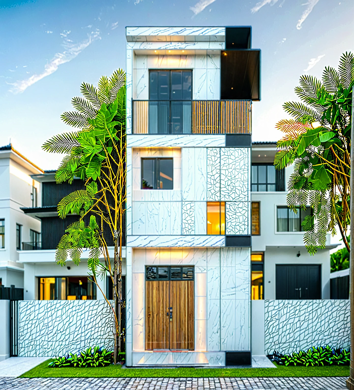 modern townhouse on street, (sunset), tropical tree, vivid colour, streetcapes, white tone, white wall, large glass door, (warm interior lighting:1.2), wood and marble, best quality,