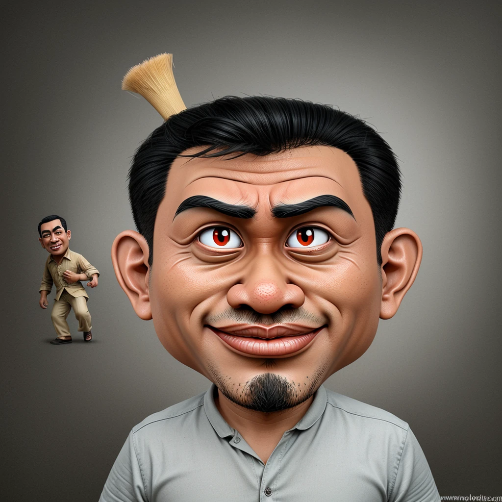 Caricature about a Indonesian man with big head and exaggerated eyes