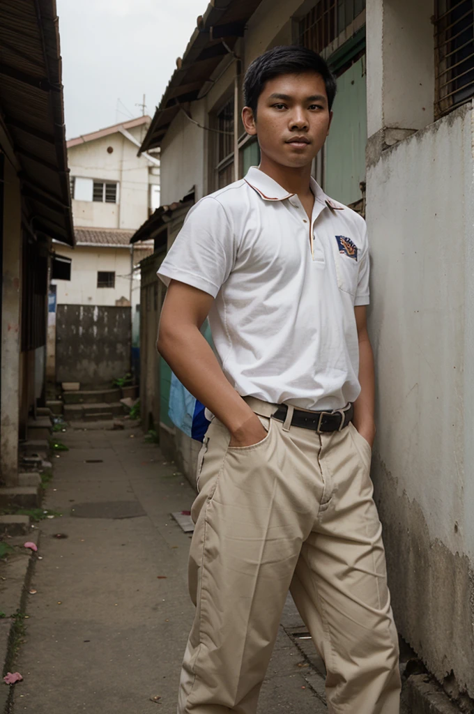 A photo of an Indonesian man wearing a high school uniform, around 18 years old, looking at the camera holding a cute cat